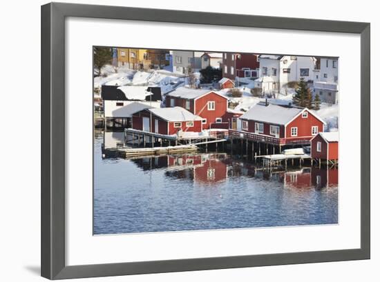 Wooden Cabins at the Waters Edge in the Town of Raine in the Lofoten Islands, Arctic, Norway-David Clapp-Framed Photographic Print