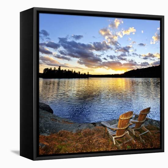 Wooden Chair on Beach of Relaxing Lake at Sunset in Algonquin Park, Canada-elenathewise-Framed Premier Image Canvas