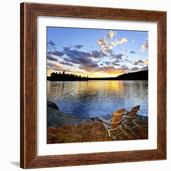 Wooden Chair on Beach of Relaxing Lake at Sunset in Algonquin Park, Canada-elenathewise-Framed Photographic Print