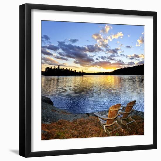 Wooden Chair on Beach of Relaxing Lake at Sunset in Algonquin Park, Canada-elenathewise-Framed Photographic Print