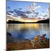 Wooden Chair on Beach of Relaxing Lake at Sunset in Algonquin Park, Canada-elenathewise-Mounted Photographic Print