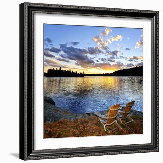 Wooden Chair on Beach of Relaxing Lake at Sunset in Algonquin Park, Canada-elenathewise-Framed Photographic Print