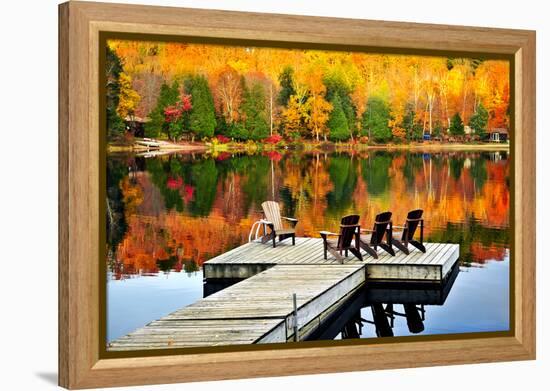 Wooden Dock with Chairs on Calm Fall Lake-elenathewise-Framed Premier Image Canvas