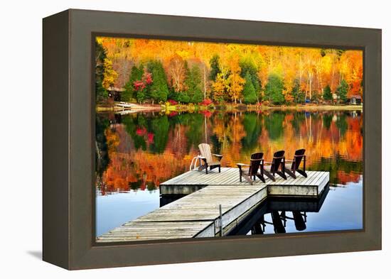 Wooden Dock with Chairs on Calm Fall Lake-elenathewise-Framed Premier Image Canvas