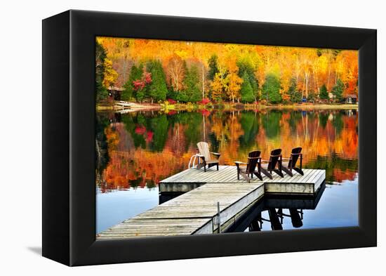 Wooden Dock with Chairs on Calm Fall Lake-elenathewise-Framed Premier Image Canvas