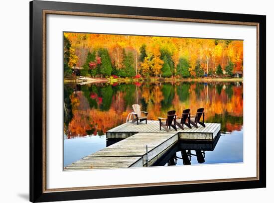 Wooden Dock with Chairs on Calm Fall Lake-elenathewise-Framed Photographic Print