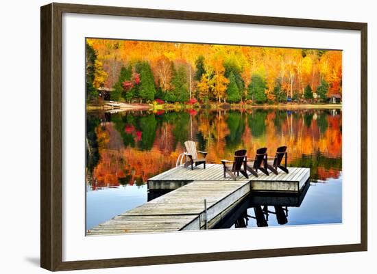 Wooden Dock with Chairs on Calm Fall Lake-elenathewise-Framed Photographic Print