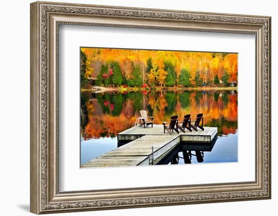 Wooden Dock with Chairs on Calm Fall Lake-elenathewise-Framed Photographic Print