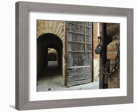 Wooden Fortified Gates and Alley of Medieval Town, Buonconvento, Italy-Dennis Flaherty-Framed Photographic Print