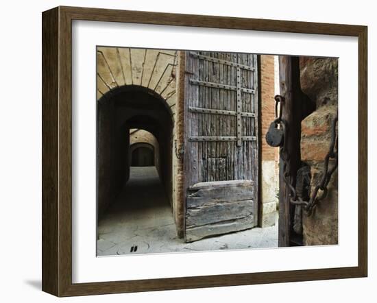 Wooden Fortified Gates and Alley of Medieval Town, Buonconvento, Italy-Dennis Flaherty-Framed Photographic Print