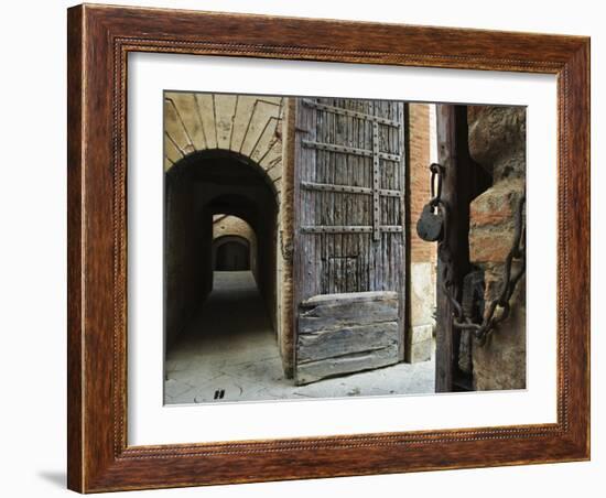 Wooden Fortified Gates and Alley of Medieval Town, Buonconvento, Italy-Dennis Flaherty-Framed Photographic Print