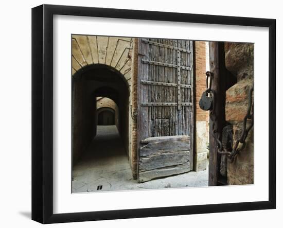Wooden Fortified Gates and Alley of Medieval Town, Buonconvento, Italy-Dennis Flaherty-Framed Photographic Print