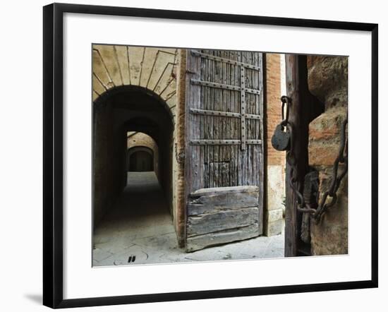 Wooden Fortified Gates and Alley of Medieval Town, Buonconvento, Italy-Dennis Flaherty-Framed Photographic Print