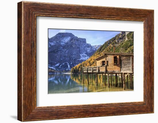 Wooden Hut and Colourful Woods Reflected in Lake Braies, Italy-Roberto Moiola-Framed Photographic Print