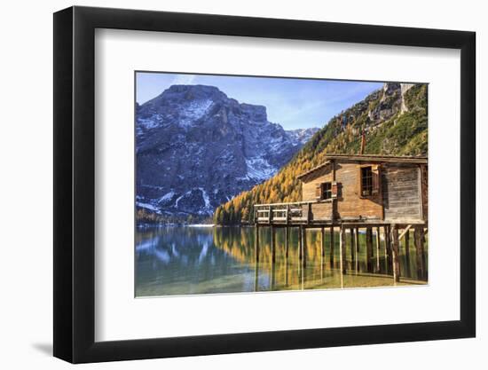 Wooden Hut and Colourful Woods Reflected in Lake Braies, Italy-Roberto Moiola-Framed Photographic Print