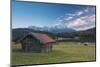 Wooden hut frames the alpine lake surrounded by the Alps, Geroldsee, Krun, Garmisch Partenkirchen, -Roberto Moiola-Mounted Photographic Print