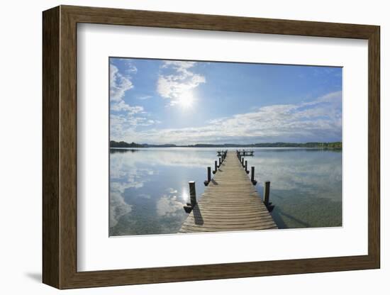 Wooden jetty in the morning with sun, Woerthsee, Fuenfseenland, Upper Bavaria, Bavaria, Germany-Raimund Linke-Framed Photographic Print