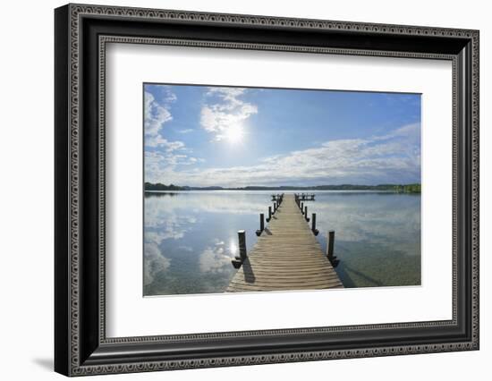 Wooden jetty in the morning with sun, Woerthsee, Fuenfseenland, Upper Bavaria, Bavaria, Germany-Raimund Linke-Framed Photographic Print