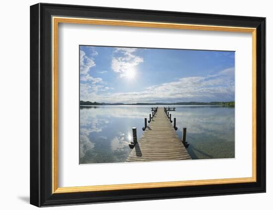 Wooden jetty in the morning with sun, Woerthsee, Fuenfseenland, Upper Bavaria, Bavaria, Germany-Raimund Linke-Framed Photographic Print