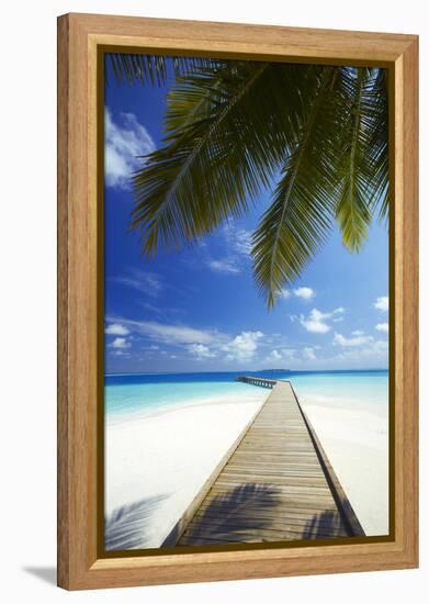 Wooden Jetty Out to Tropical Sea, Maldives, Indian Ocean, Asia-Sakis Papadopoulos-Framed Premier Image Canvas