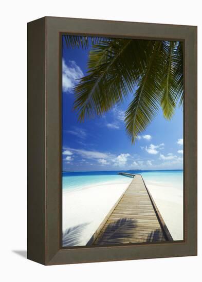 Wooden Jetty Out to Tropical Sea, Maldives, Indian Ocean, Asia-Sakis Papadopoulos-Framed Premier Image Canvas