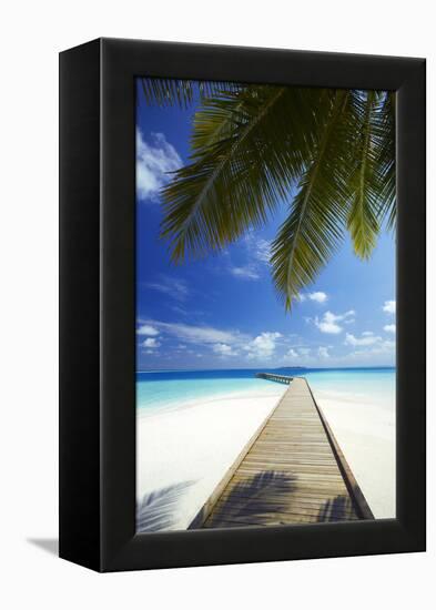 Wooden Jetty Out to Tropical Sea, Maldives, Indian Ocean, Asia-Sakis Papadopoulos-Framed Premier Image Canvas