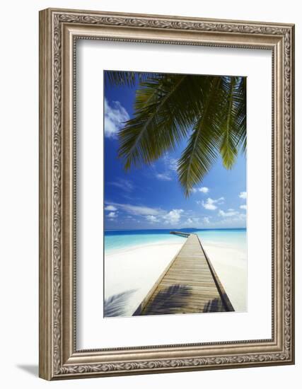 Wooden Jetty Out to Tropical Sea, Maldives, Indian Ocean, Asia-Sakis Papadopoulos-Framed Photographic Print