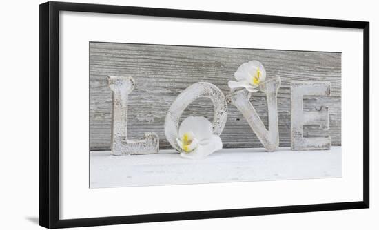 Wooden Letters 'Love' with Orchid Blossoms-Uwe Merkel-Framed Photographic Print