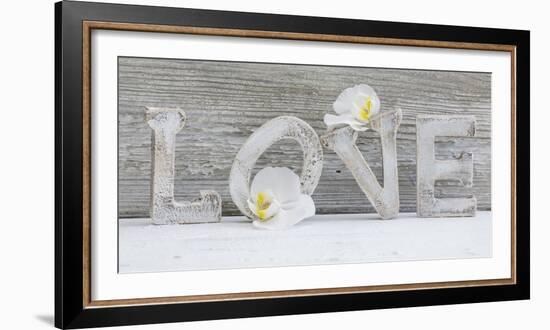 Wooden Letters 'Love' with Orchid Blossoms-Uwe Merkel-Framed Photographic Print