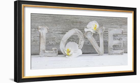 Wooden Letters 'Love' with Orchid Blossoms-Uwe Merkel-Framed Photographic Print