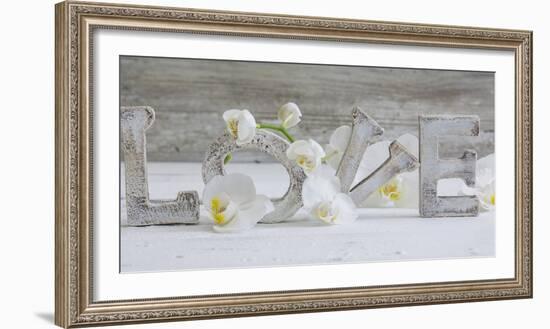 Wooden Letters 'Love' with Orchid Blossoms-Uwe Merkel-Framed Photographic Print