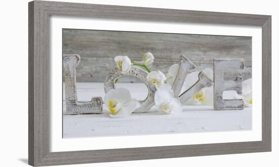 Wooden Letters 'Love' with Orchid Blossoms-Uwe Merkel-Framed Photographic Print