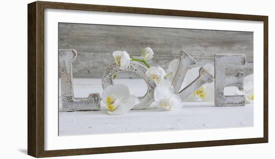 Wooden Letters 'Love' with Orchid Blossoms-Uwe Merkel-Framed Photographic Print