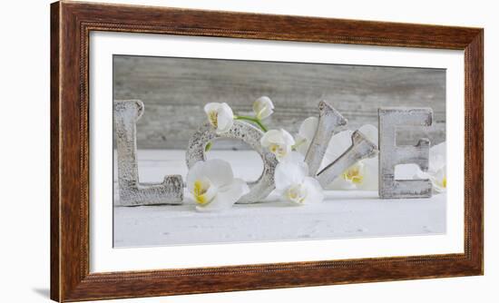 Wooden Letters 'Love' with Orchid Blossoms-Uwe Merkel-Framed Photographic Print