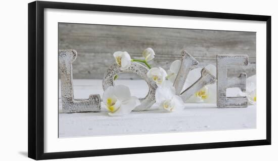 Wooden Letters 'Love' with Orchid Blossoms-Uwe Merkel-Framed Photographic Print