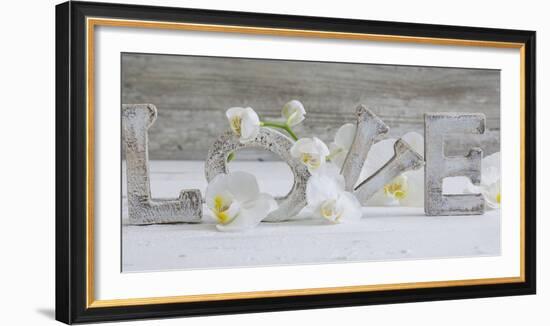 Wooden Letters 'Love' with Orchid Blossoms-Uwe Merkel-Framed Photographic Print