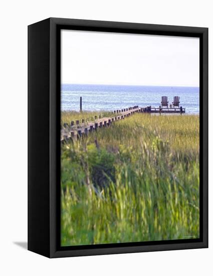 Wooden Pier and Chairs, Apalachicola Bay, Florida Panhandle, USA-John Coletti-Framed Premier Image Canvas