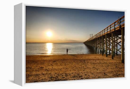 Wooden Pier Perspective at Sunset, Keansburg, New Jersey, USA-George Oze-Framed Premier Image Canvas