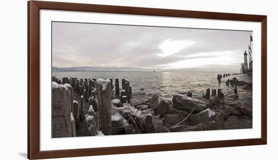 Wooden Poles Covered with Ice, Island Lindau in Lake Constance, Swedish Flag, Lighthouse, Lindau-Markus Leser-Framed Premium Photographic Print