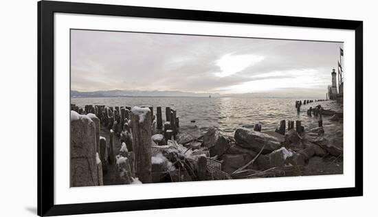 Wooden Poles Covered with Ice, Island Lindau in Lake Constance, Swedish Flag, Lighthouse, Lindau-Markus Leser-Framed Premium Photographic Print