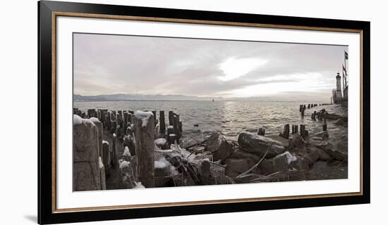 Wooden Poles Covered with Ice, Island Lindau in Lake Constance, Swedish Flag, Lighthouse, Lindau-Markus Leser-Framed Premium Photographic Print