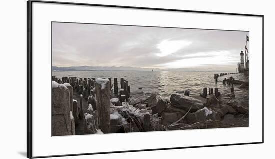 Wooden Poles Covered with Ice, Island Lindau in Lake Constance, Swedish Flag, Lighthouse, Lindau-Markus Leser-Framed Premium Photographic Print