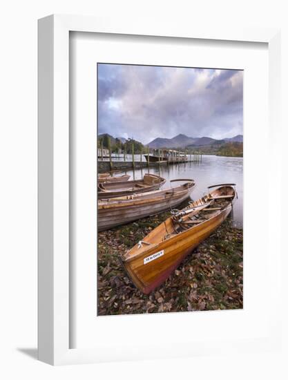 Wooden rowing boats beside Derwent Water in the Lake District, Cumbria, England. Autumn (October) 2-Adam Burton-Framed Photographic Print