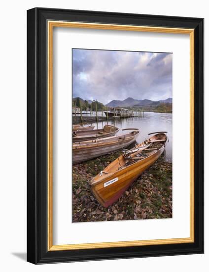 Wooden rowing boats beside Derwent Water in the Lake District, Cumbria, England. Autumn (October) 2-Adam Burton-Framed Photographic Print