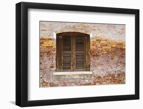 Wooden shutters and brick wall, Burano, Veneto, Italy-Russ Bishop-Framed Photographic Print