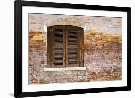 Wooden shutters and brick wall, Burano, Veneto, Italy-Russ Bishop-Framed Premium Photographic Print