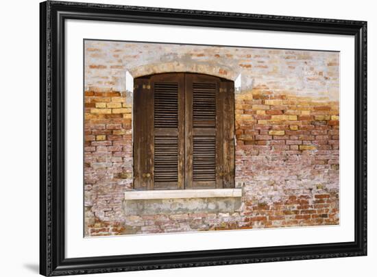 Wooden shutters and brick wall, Burano, Veneto, Italy-Russ Bishop-Framed Premium Photographic Print