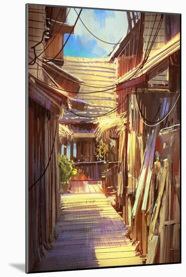 Wooden Village Pathway,Illustration Painting-Tithi Luadthong-Mounted Art Print