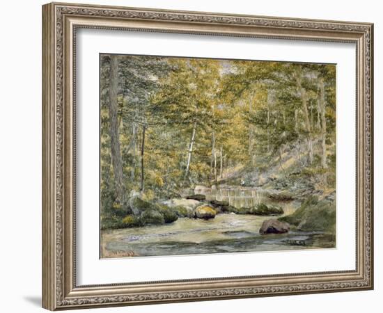 Woodland Pool with Men Fishing, 1870 (W/C on Paper)-John William Hill-Framed Giclee Print