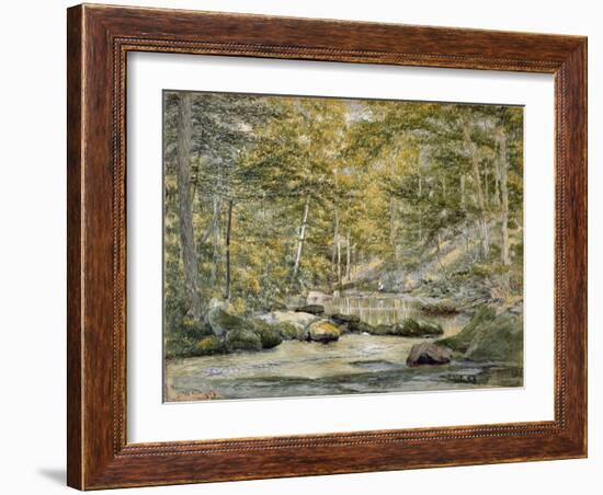 Woodland Pool with Men Fishing, 1870 (W/C on Paper)-John William Hill-Framed Giclee Print